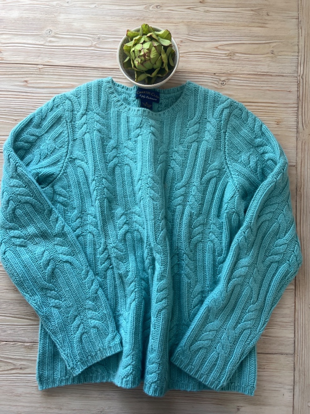 Aqua Cashmere Cable Knit Sweater – Coastal Spring Layer | Size M - Picture 4 of 4
